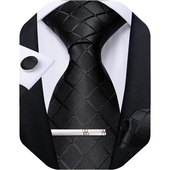 🆕Men Black Plaid Silk Checkered Necktie Pocket Square Cufflinks Tie Clip Set